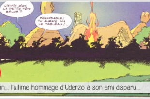 scène du banquet final de Asterix chez les belges dans laquelle on voit le lapin triste, hommage de uderzo à goscinny