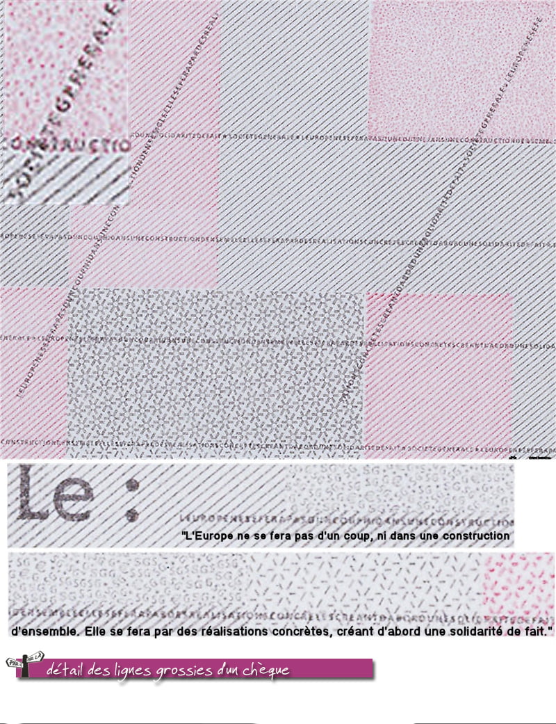détail des lignes grossies d'un chèque où l'on peut lire la déclaration schuman