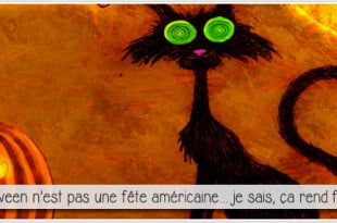 tableau d'un chat noir aux yeux exorbités pour illustrer l'article PXPL par ci par là dédié aux origine de Halloween et du Samhain