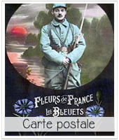 carte postale faisant le lien entre le bleuet de france et les soldats de la première guerre mondiale